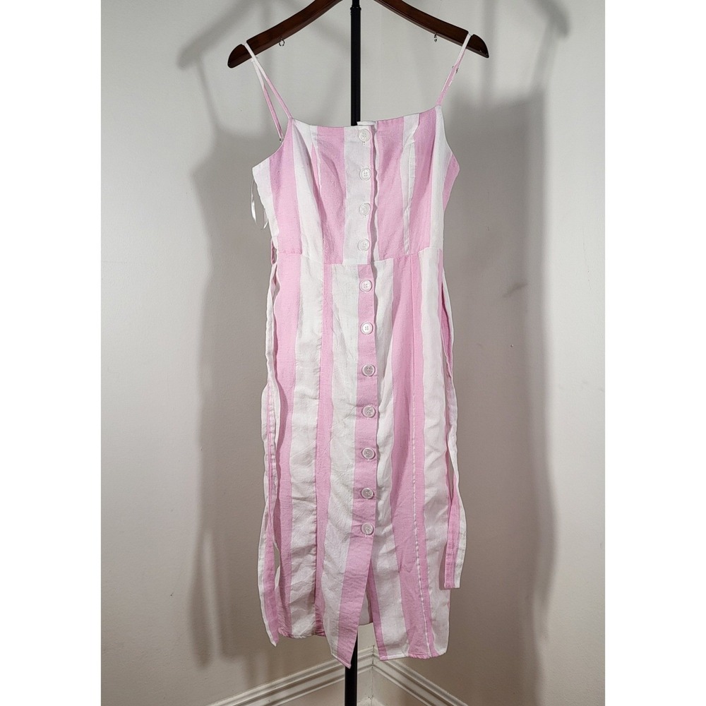 Linen Lux Pink White Striped Button Down Midi Dress Small Sleeveless Belted